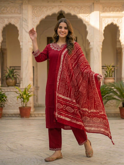 Solid Mirror Work Embroidered Straight Kurta with Palazzo & Dupatta - Maroon