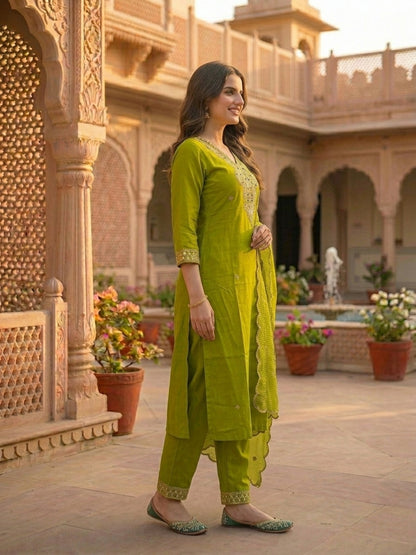 Solid Sequin Embroidered Straight Kurta with Pant & Dupatta - Green