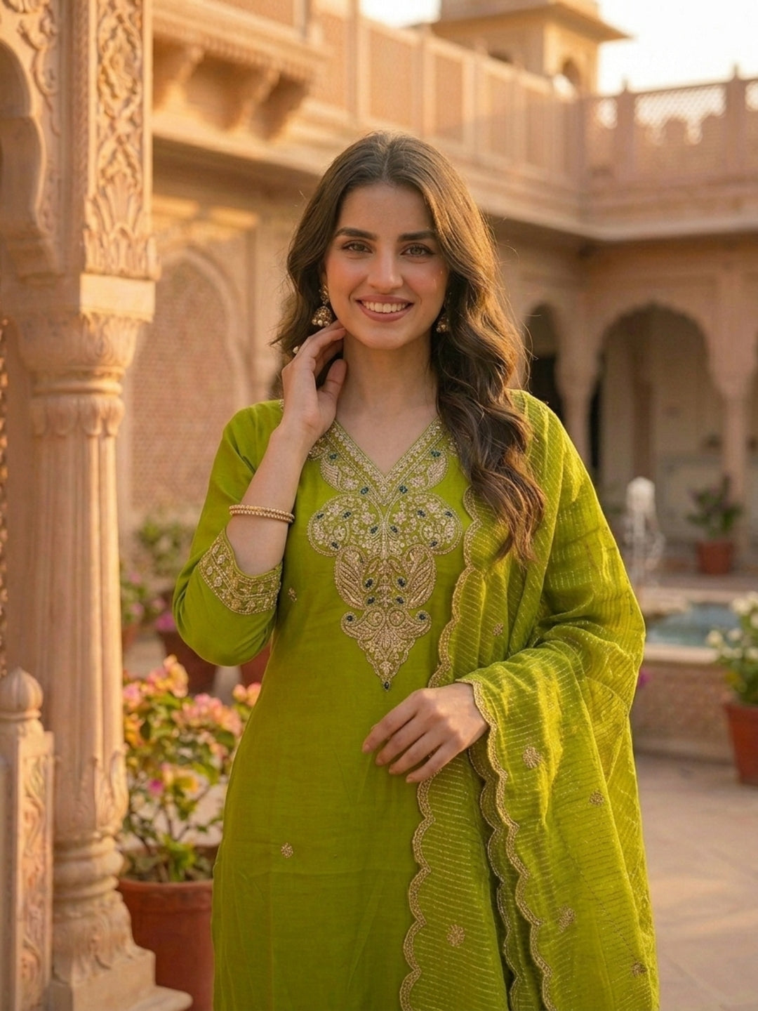 Solid Sequin Embroidered Straight Kurta with Pant & Dupatta - Green