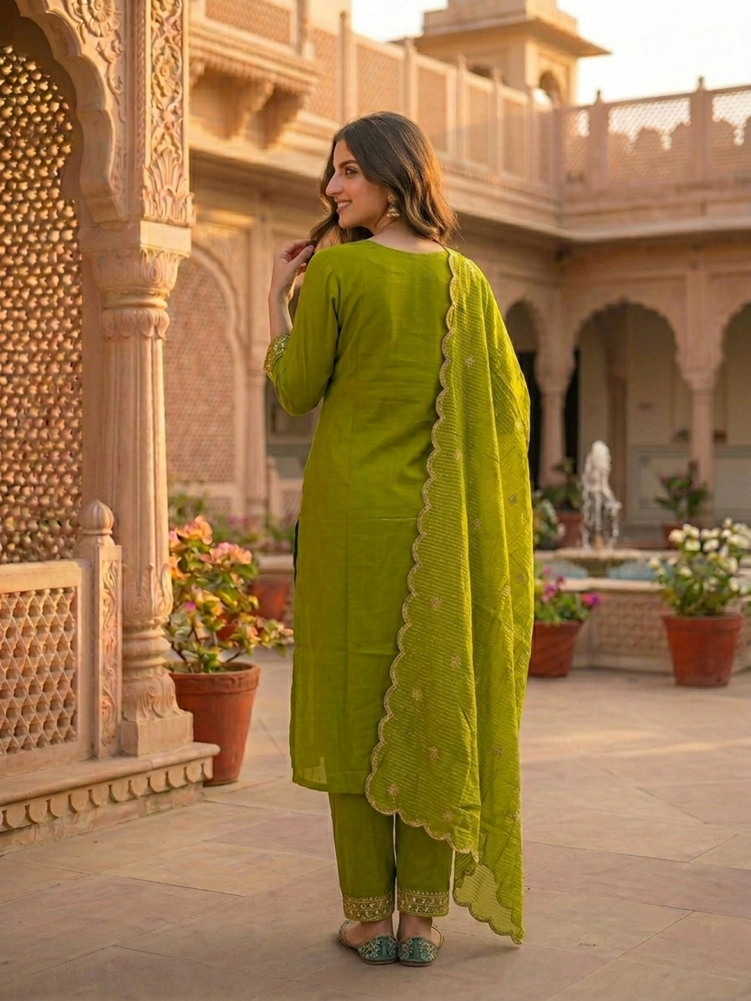 Solid Sequin Embroidered Straight Kurta with Pant & Dupatta - Green