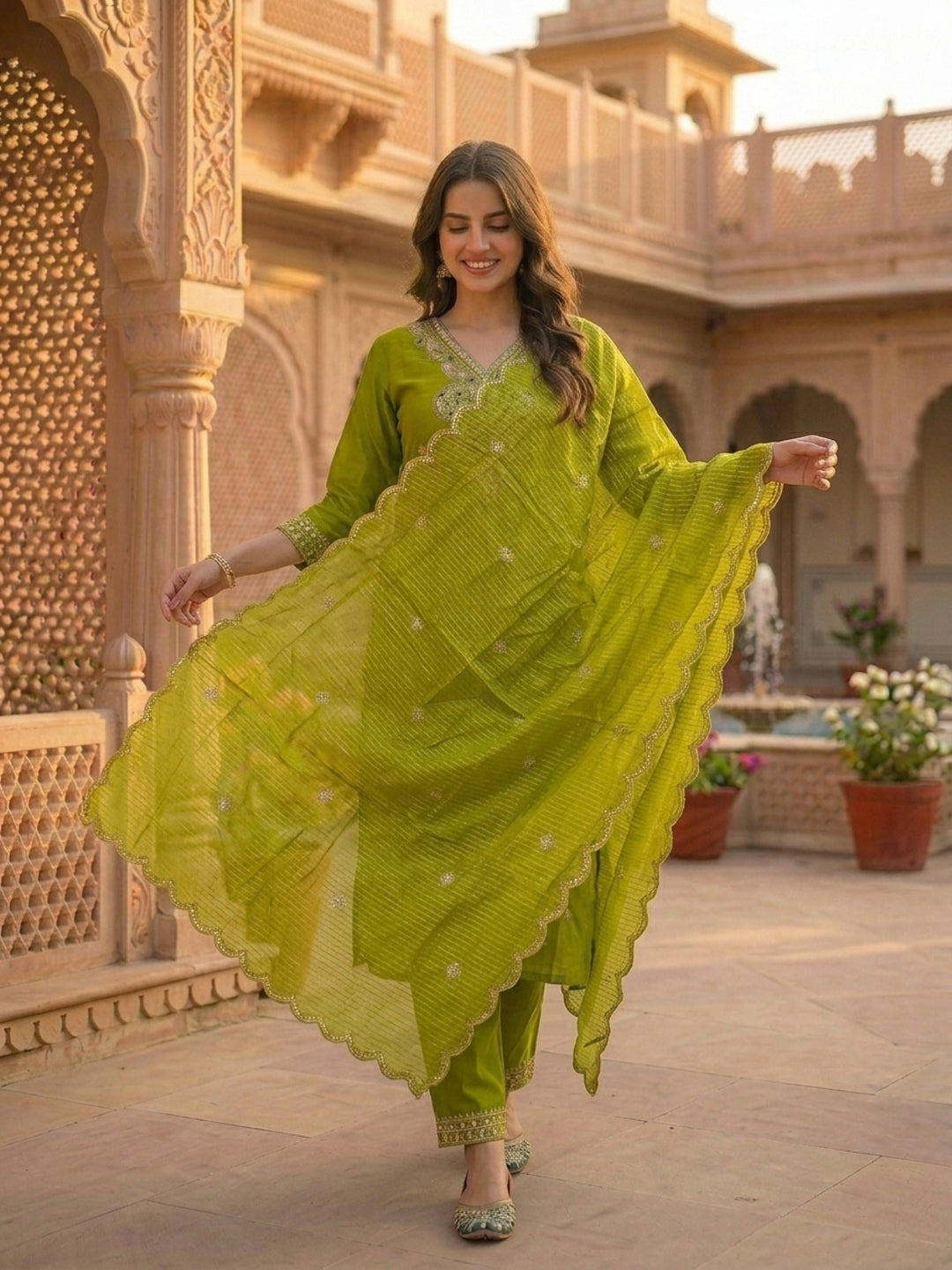 Solid Sequin Embroidered Straight Kurta with Pant & Dupatta - Green