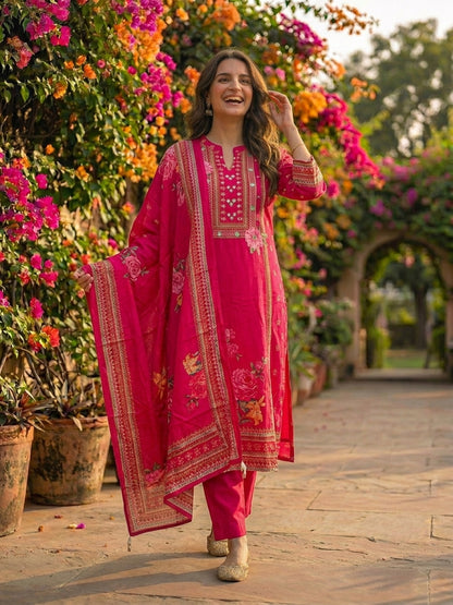 Floral & Ethnic Printed Straight Kurta with Pant & Dupatta - Pink
