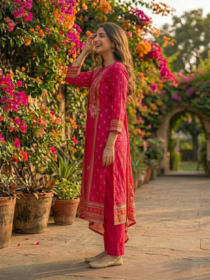Floral & Ethnic Printed Straight Kurta with Pant & Dupatta - Pink