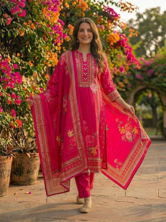 Floral & Ethnic Printed Straight Kurta with Pant & Dupatta - Pink
