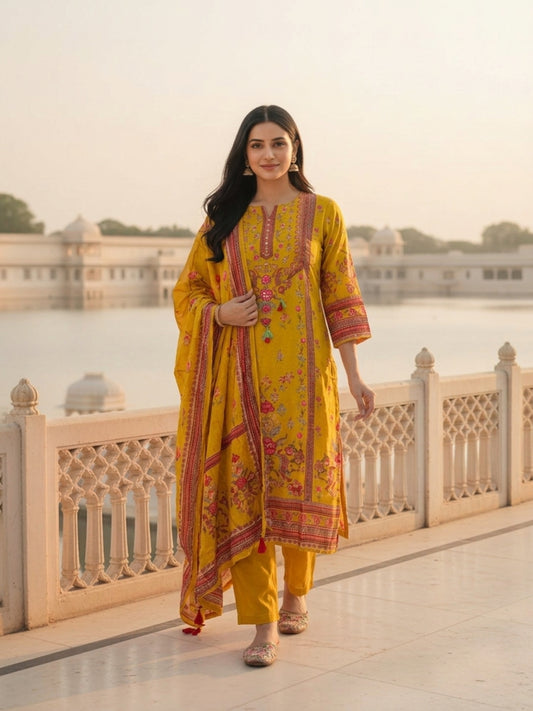 Ethnic Printed & Embroidered Straight Kurta with Pant & Dupatta - Mustard