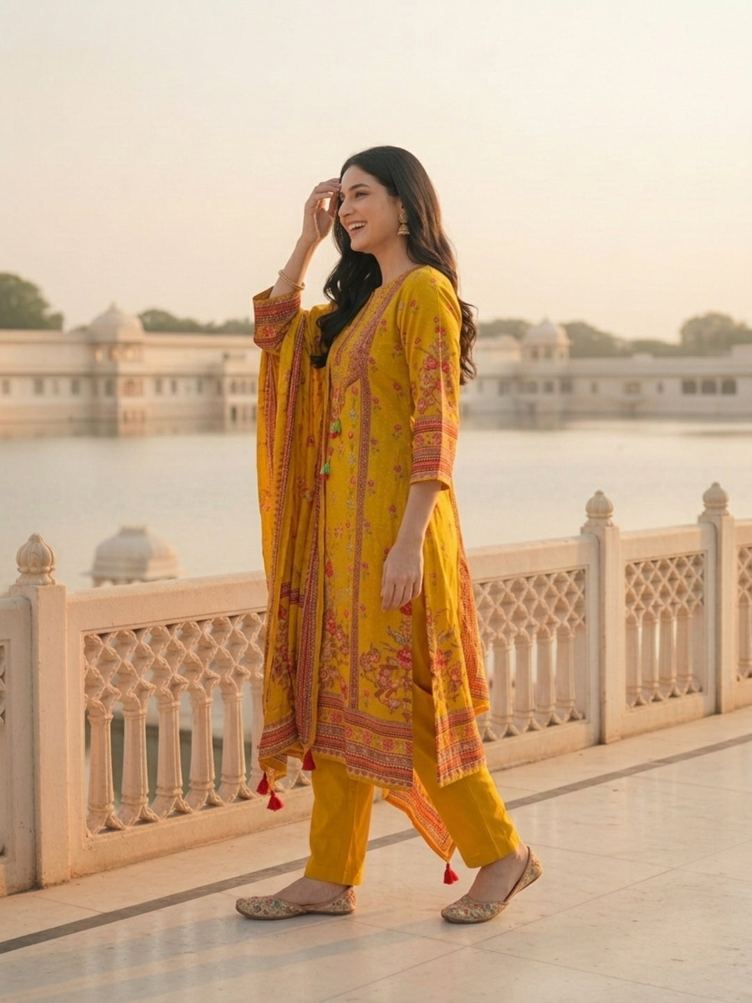 Ethnic Printed & Embroidered Straight Kurta with Pant & Dupatta - Mustard
