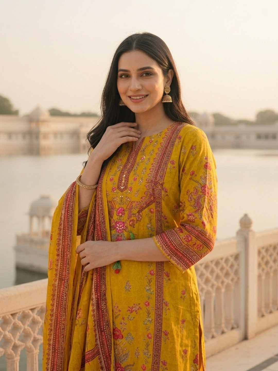 Ethnic Printed & Embroidered Straight Kurta with Pant & Dupatta - Mustard