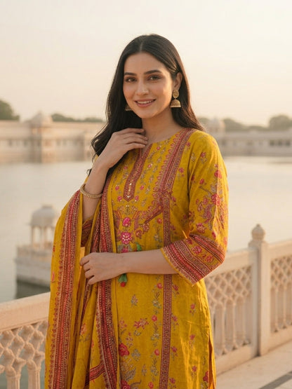Ethnic Printed & Embroidered Straight Kurta with Pant & Dupatta - Mustard