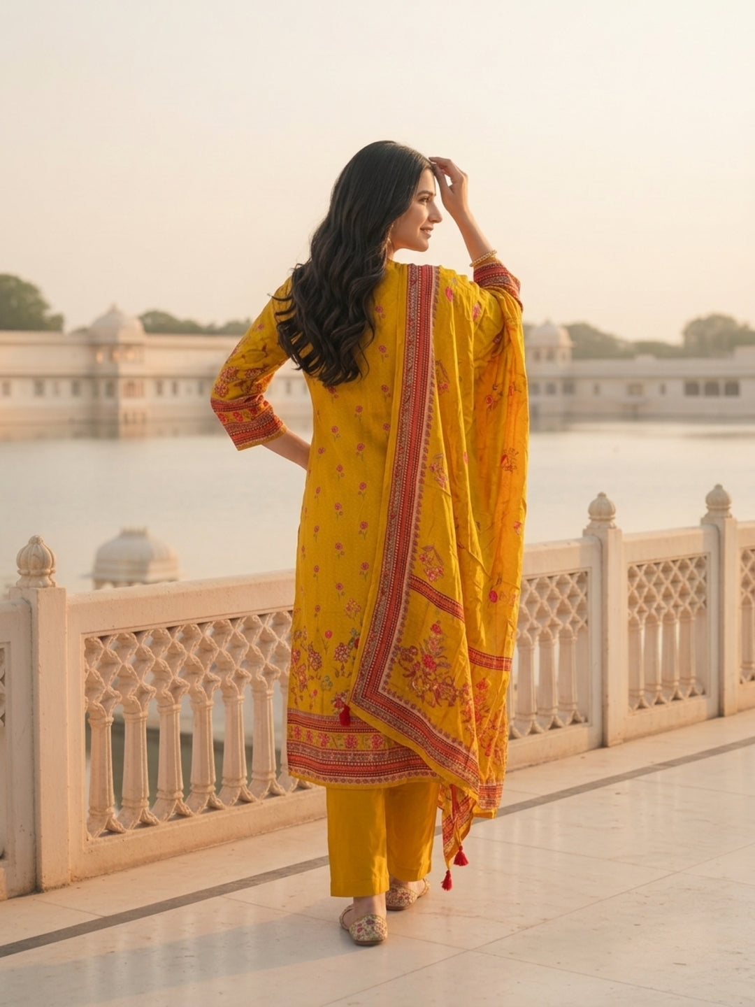 Ethnic Printed & Embroidered Straight Kurta with Pant & Dupatta - Mustard