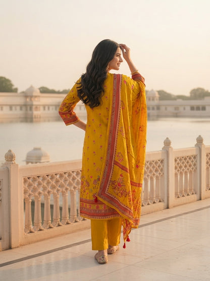 Ethnic Printed & Embroidered Straight Kurta with Pant & Dupatta - Mustard