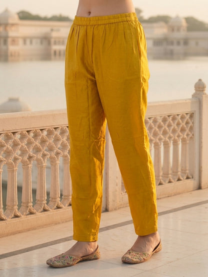 Ethnic Printed & Embroidered Straight Kurta with Pant & Dupatta - Mustard