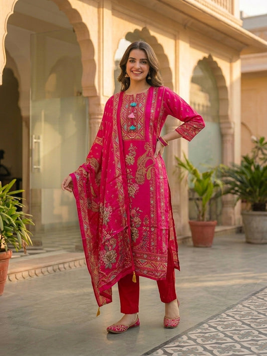 Ethnic Floral Printed & Sequin Embroidered Straight Kurta with Pant & Dupatta - Rani