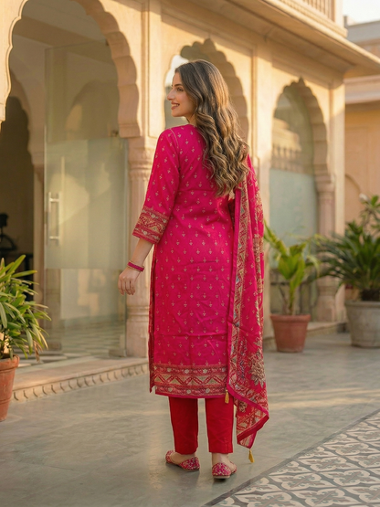 Ethnic Floral Printed & Sequin Embroidered Straight Kurta with Pant & Dupatta - Rani