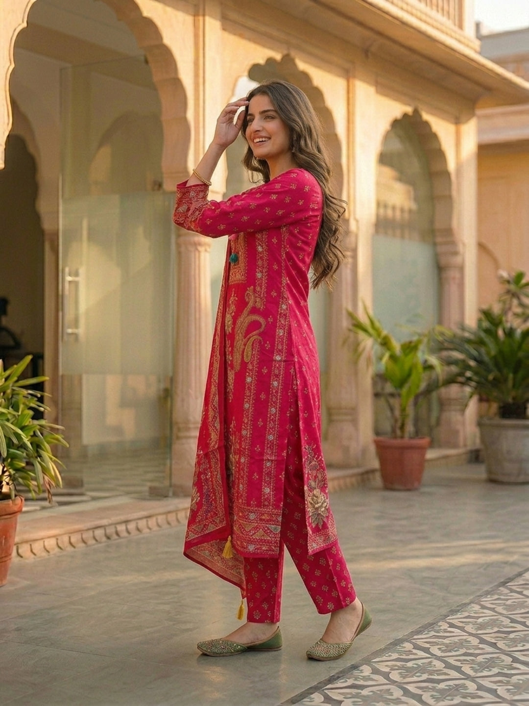 Ethnic Floral Printed & Sequin Embroidered Straight Kurta with Pant & Dupatta - Rani