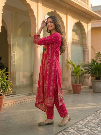 Ethnic Floral Printed & Sequin Embroidered Straight Kurta with Pant & Dupatta - Rani