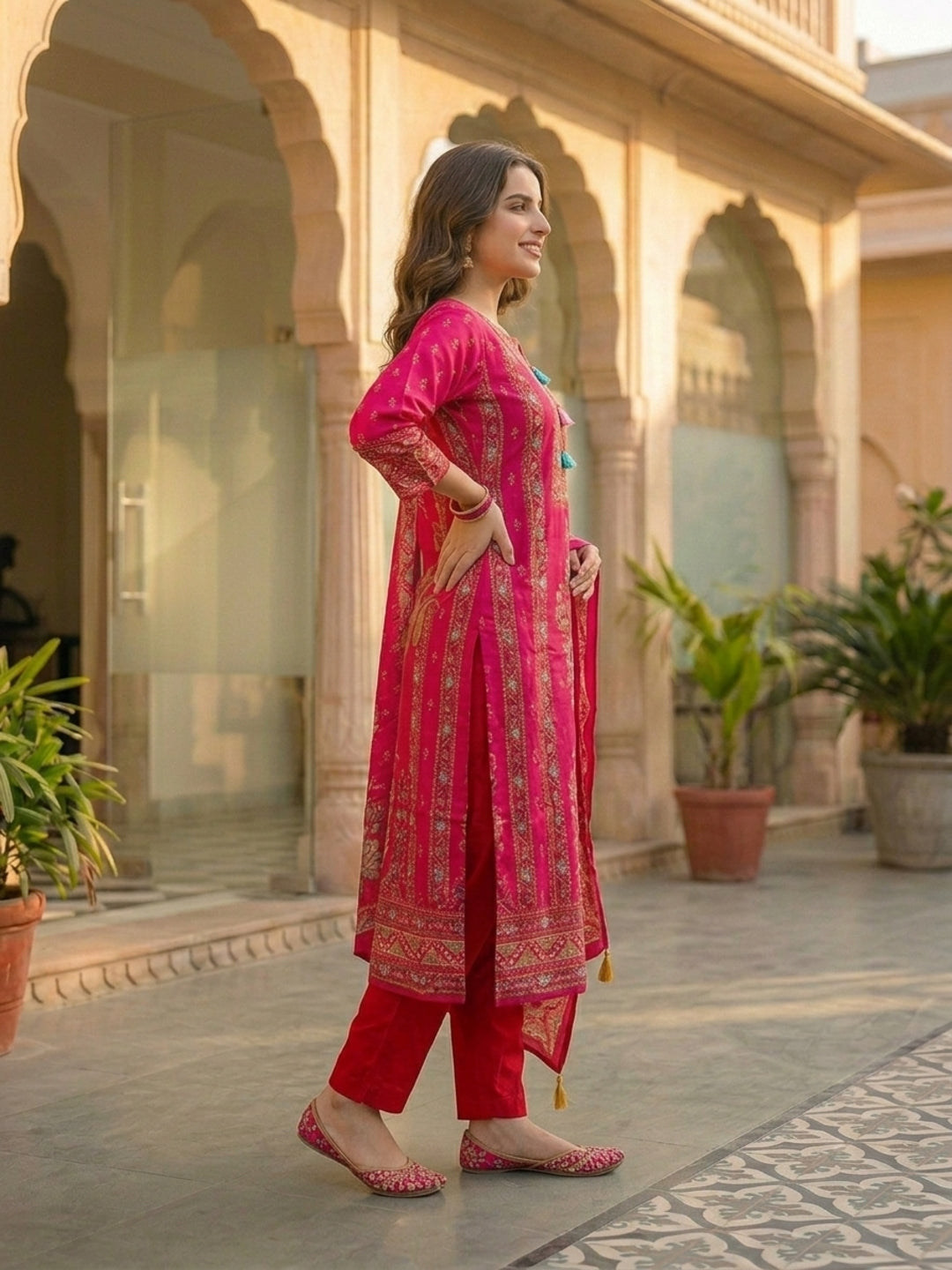 Ethnic Floral Printed & Sequin Embroidered Straight Kurta with Pant & Dupatta - Rani