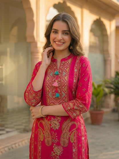 Ethnic Floral Printed & Sequin Embroidered Straight Kurta with Pant & Dupatta - Rani