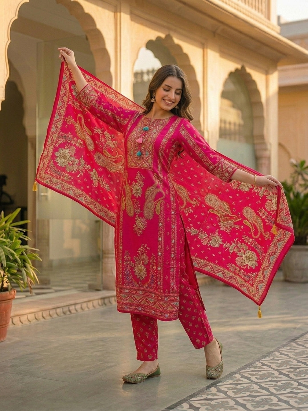 Ethnic Floral Printed & Sequin Embroidered Straight Kurta with Pant & Dupatta - Rani