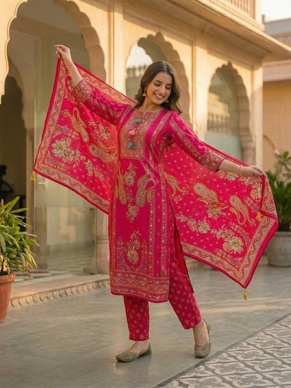 Ethnic Floral Printed & Sequin Embroidered Straight Kurta with Pant & Dupatta - Rani