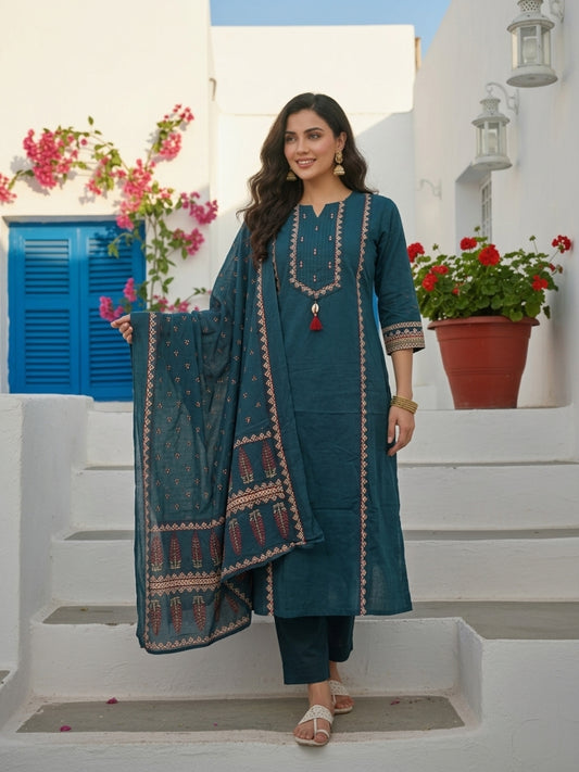 Ethnic Printed Straight Kurta with Pant & Dupatta - Teal