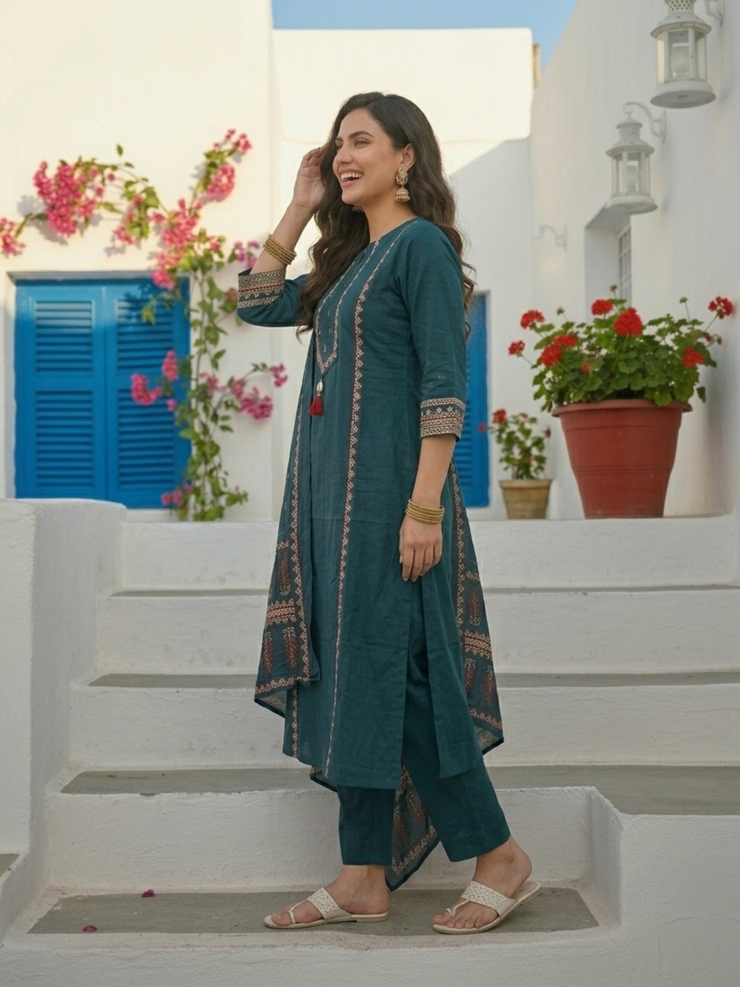 Ethnic Printed Straight Kurta with Pant & Dupatta - Teal