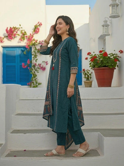 Ethnic Printed Straight Kurta with Pant & Dupatta - Teal