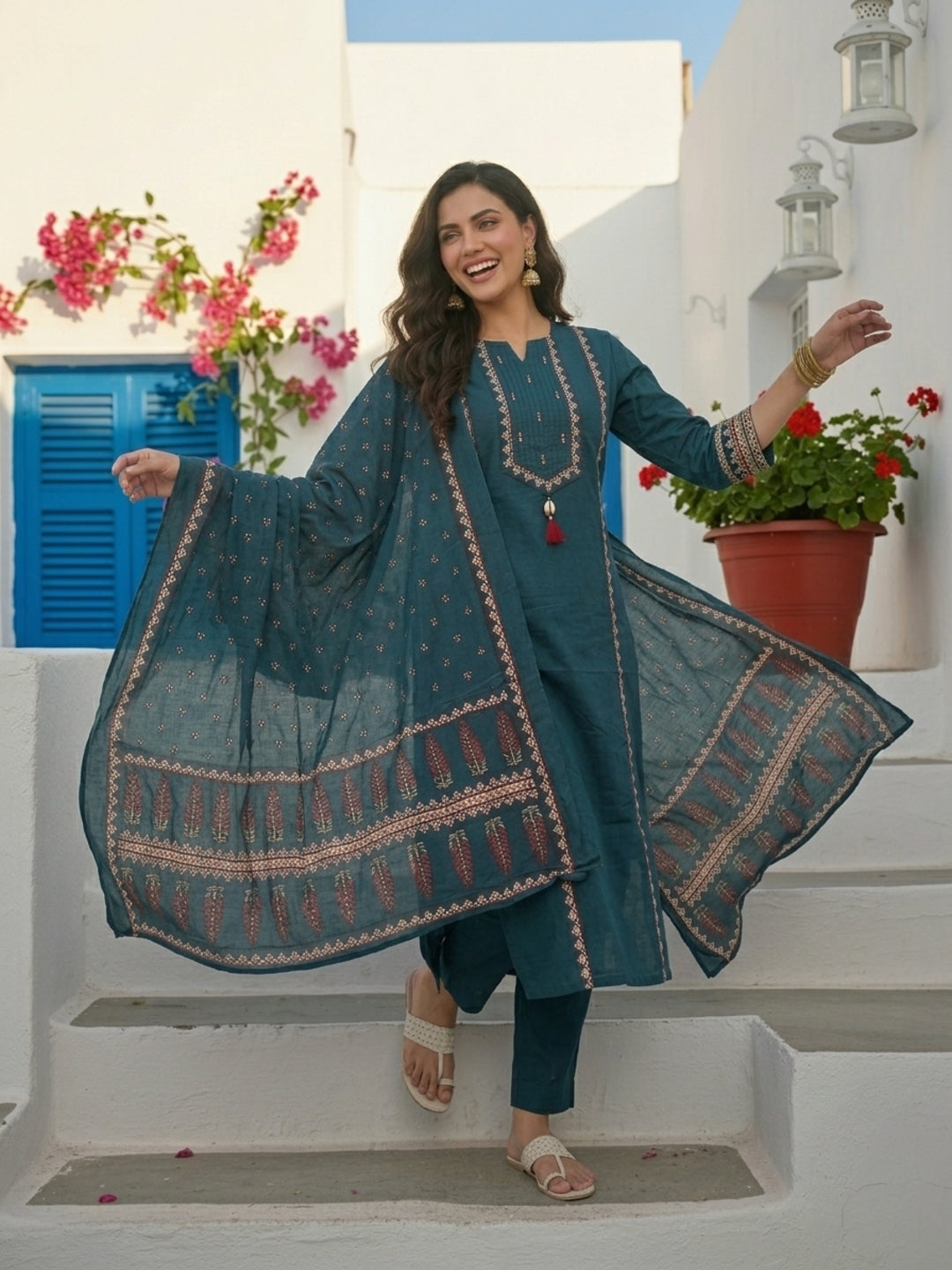 Ethnic Printed Straight Kurta with Pant & Dupatta - Teal