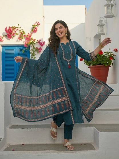 Ethnic Printed Straight Kurta with Pant & Dupatta - Teal