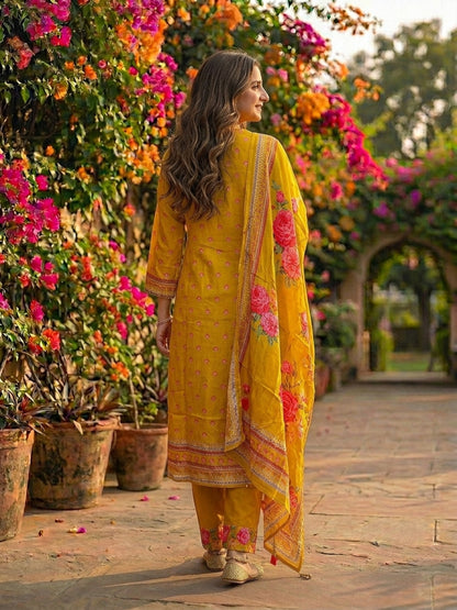 Floral Printed & Embroidered Straight Kurta with Pant & Dupatta - Mustard Yellow