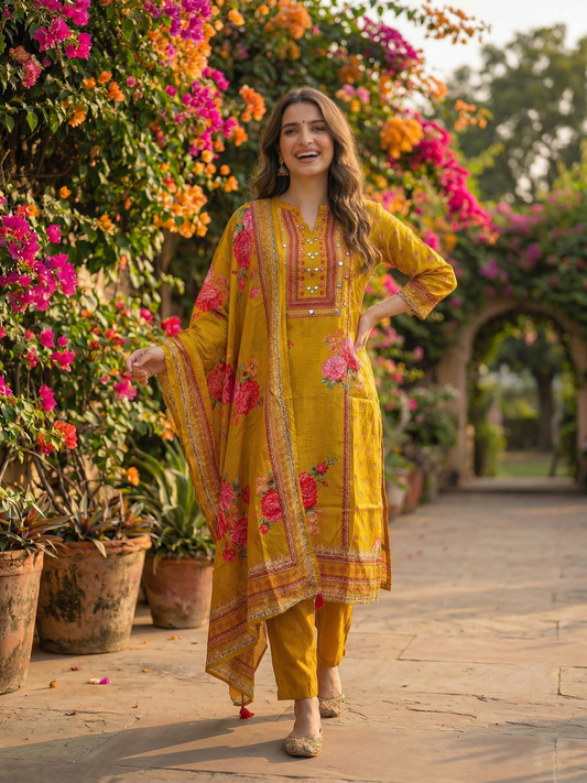 Floral Printed & Embroidered Straight Kurta with Pant & Dupatta - Mustard Yellow
