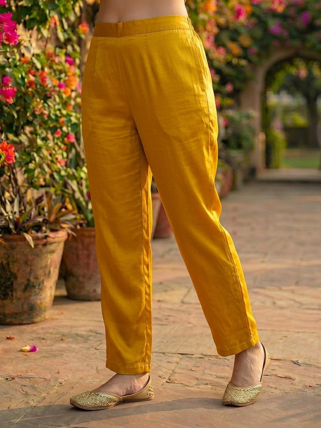 Floral Printed & Embroidered Straight Kurta with Pant & Dupatta - Mustard Yellow