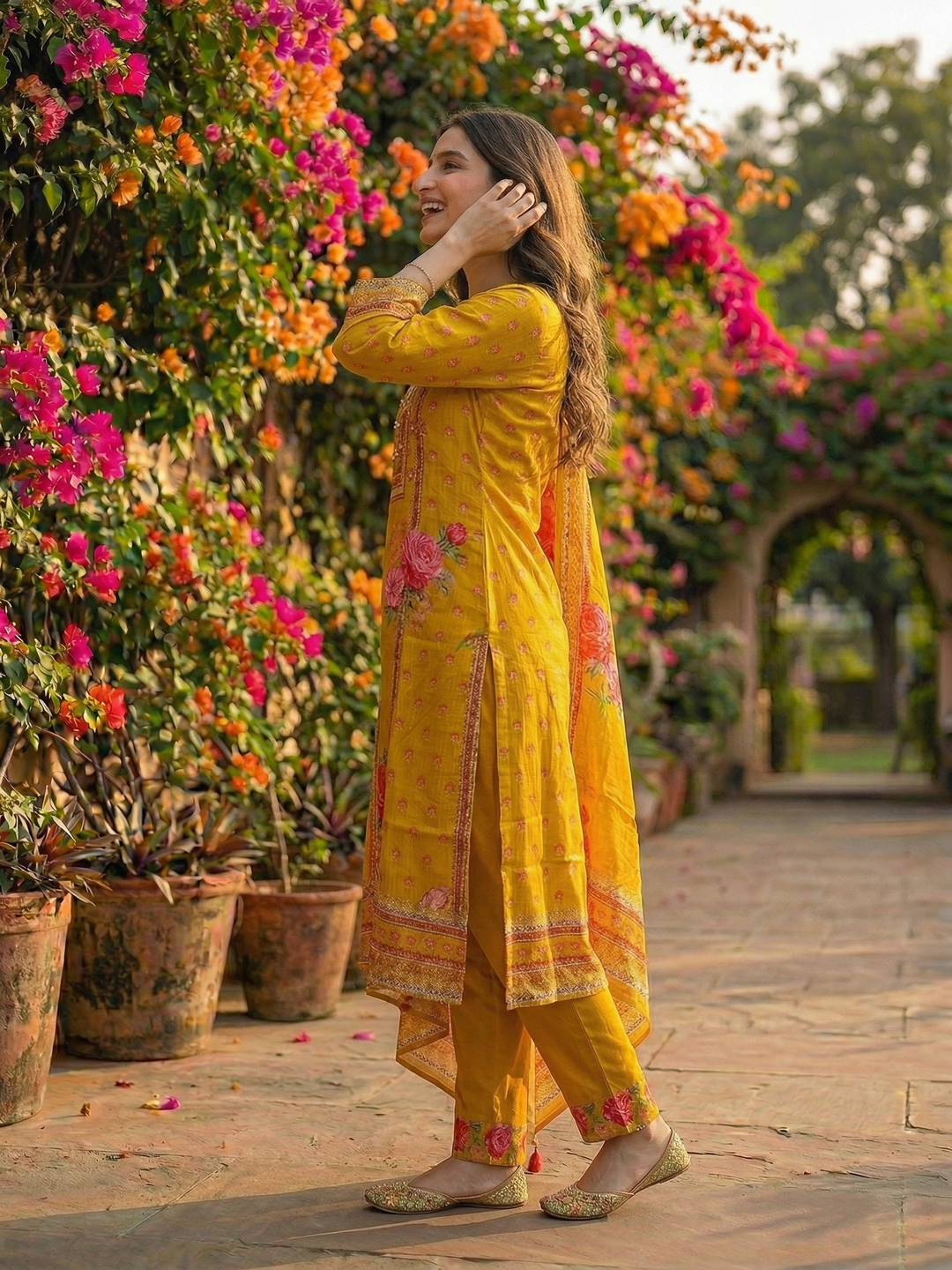 Floral Printed & Embroidered Straight Kurta with Pant & Dupatta - Mustard Yellow