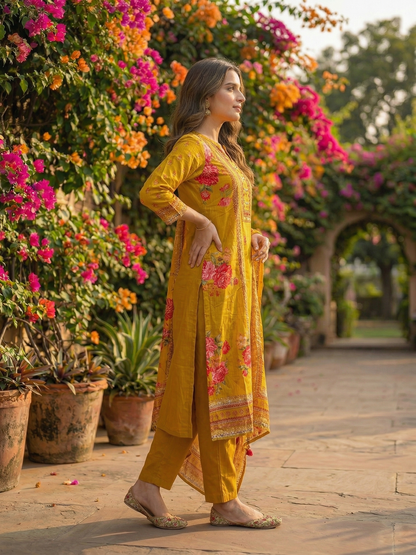 Floral Printed & Embroidered Straight Kurta with Pant & Dupatta - Mustard Yellow