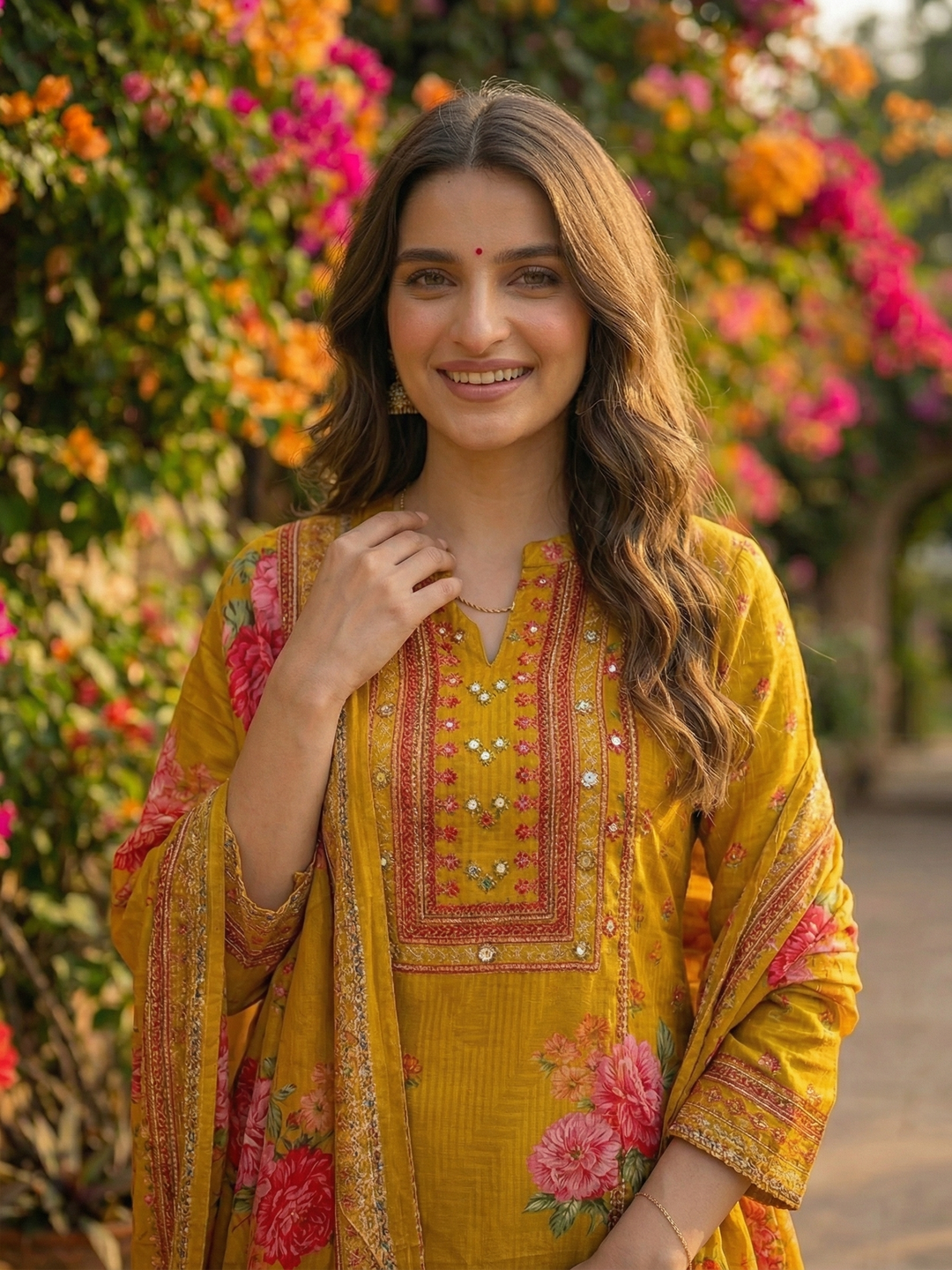Floral Printed & Embroidered Straight Kurta with Pant & Dupatta - Mustard Yellow