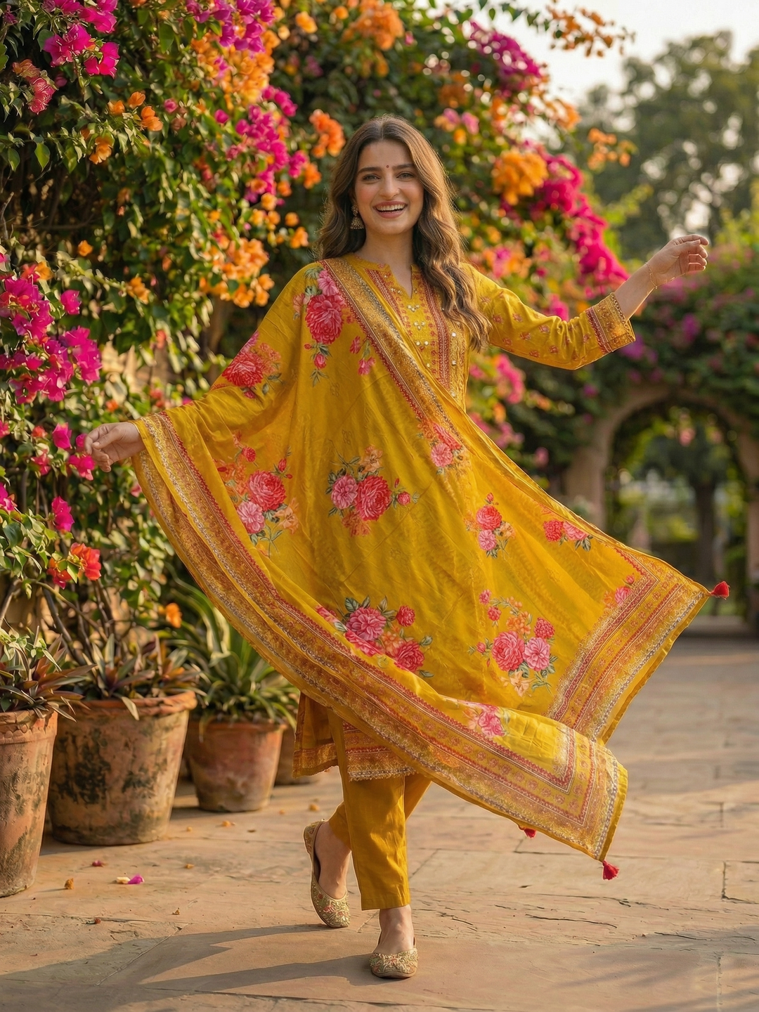 Floral Printed & Embroidered Straight Kurta with Pant & Dupatta - Mustard Yellow