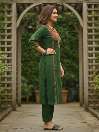 Ethnic Motif Printed Straight Kurta with Pant - Bottle Green