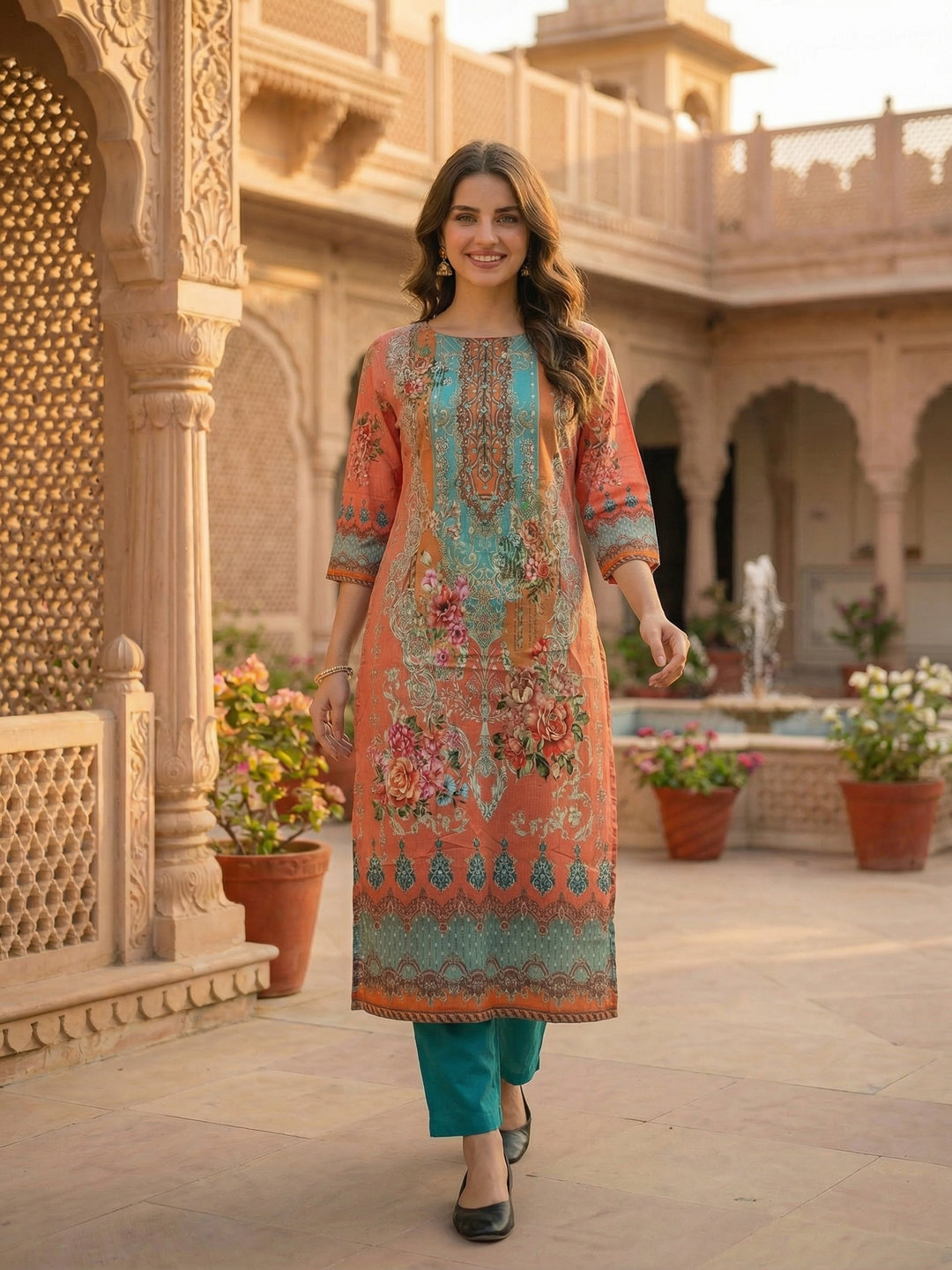 Floral Printed & Embroidered Straight Kurta - Multi