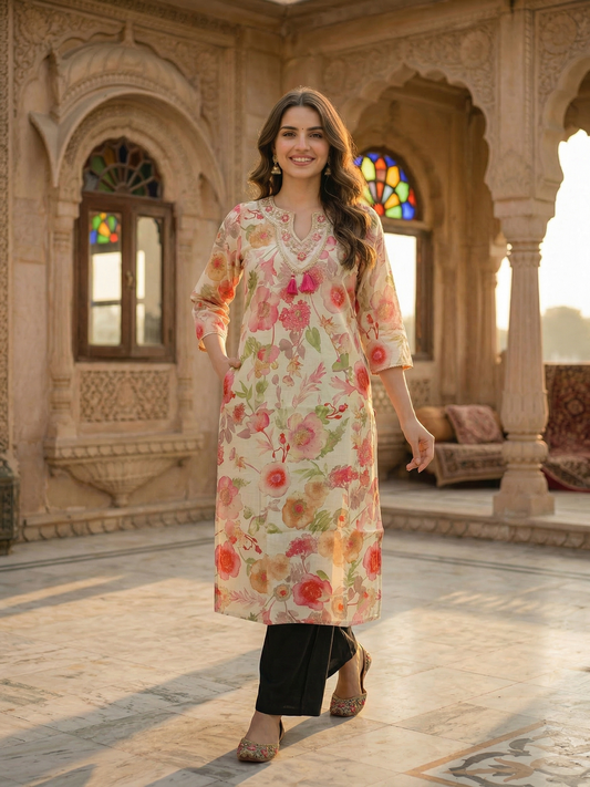 Floral Foil Printed & Embroidered Straight Kurta - Off White