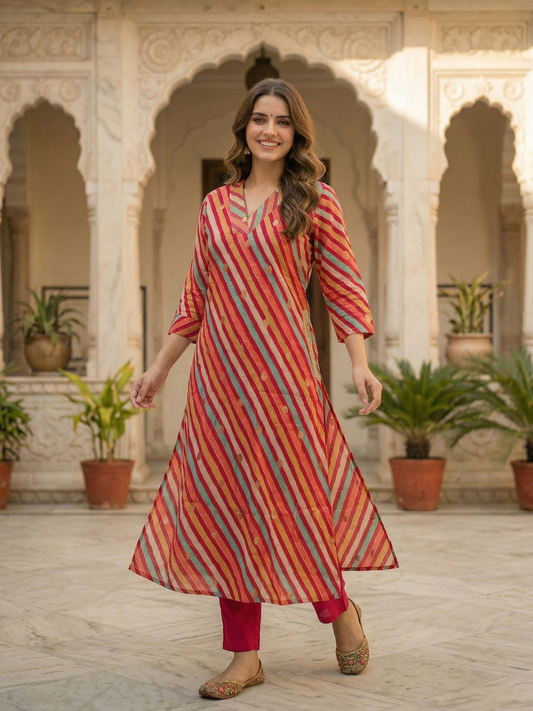 Leheriya Printed A-Line Flared Kurta with Pant - Multi
