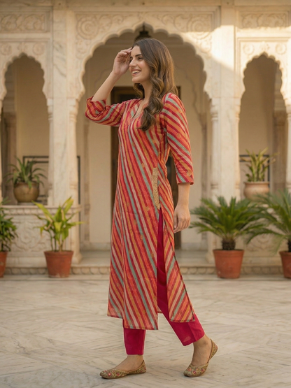 Leheriya Printed A-Line Flared Kurta with Pant - Multi