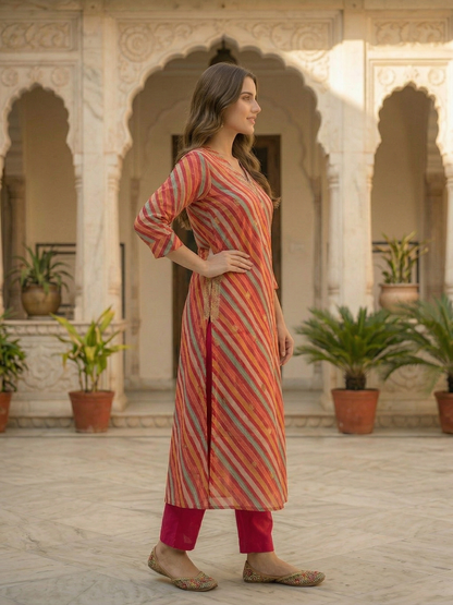 Leheriya Printed A-Line Flared Kurta with Pant - Multi