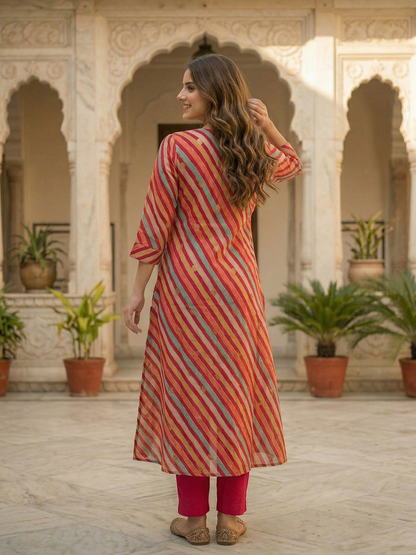 Leheriya Printed A-Line Flared Kurta with Pant - Multi