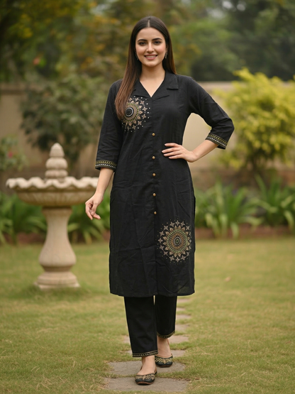 Solid Ethnic Mirror Embroidered Straight Co-ord Set - Black