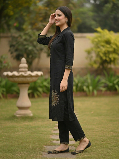 Solid Ethnic Mirror Embroidered Straight Co-ord Set - Black