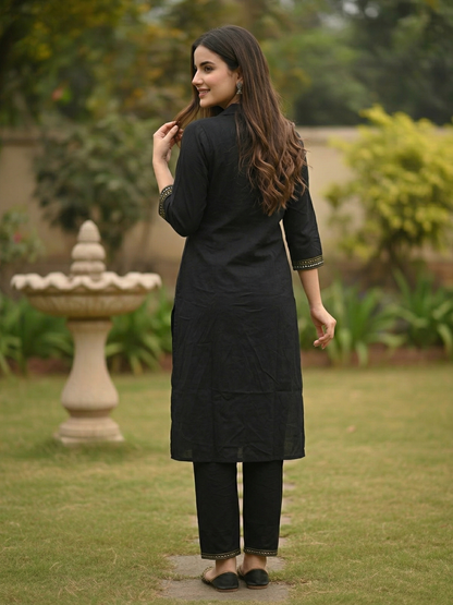 Solid Ethnic Mirror Embroidered Straight Co-ord Set - Black