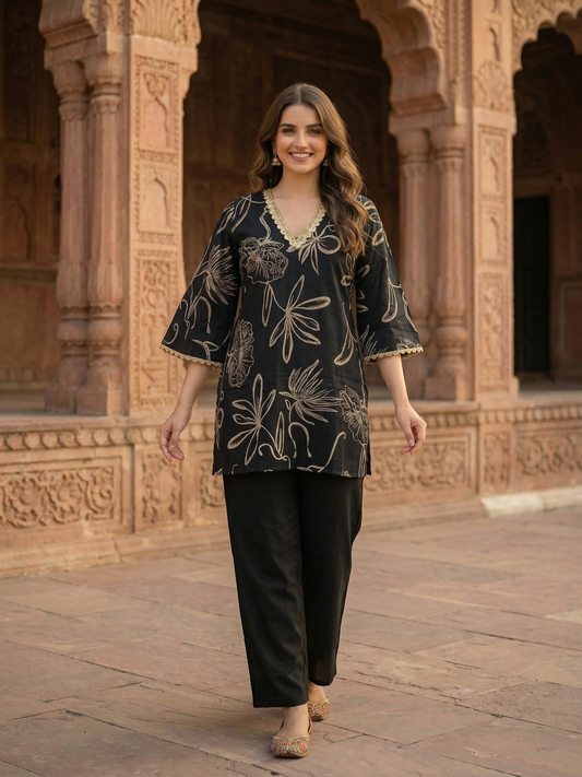 Abstract Floral Foil Printed Straight Kurta with Palazzo - Black