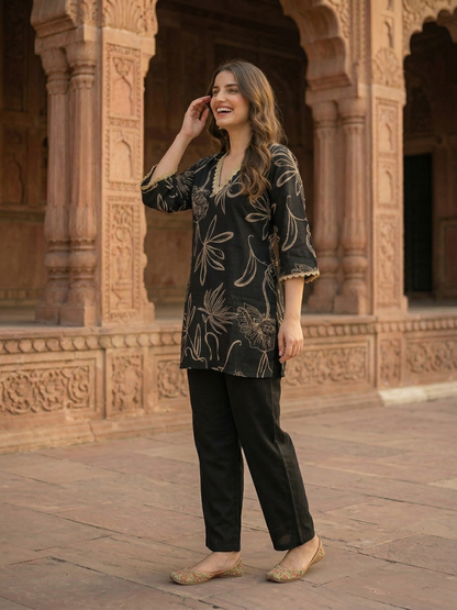 Abstract Floral Foil Printed Straight Kurta with Palazzo - Black