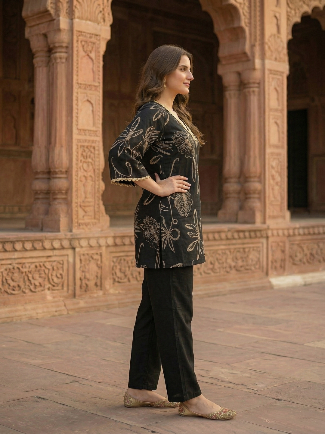 Abstract Floral Foil Printed Straight Kurta with Palazzo - Black