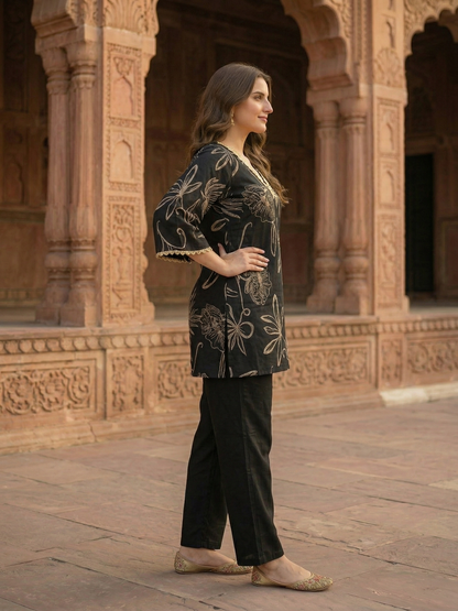 Abstract Floral Foil Printed Straight Kurta with Palazzo - Black
