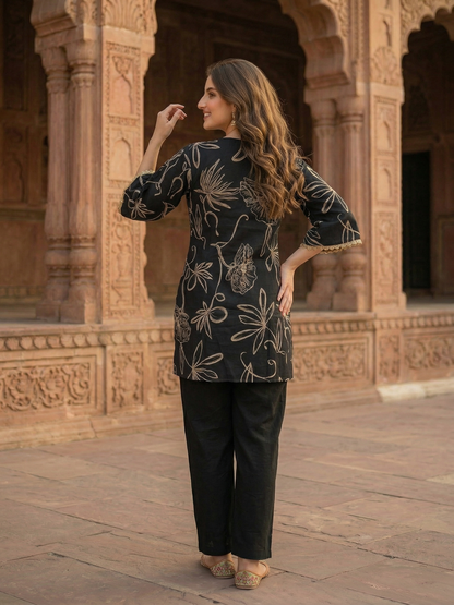 Abstract Floral Foil Printed Straight Kurta with Palazzo - Black
